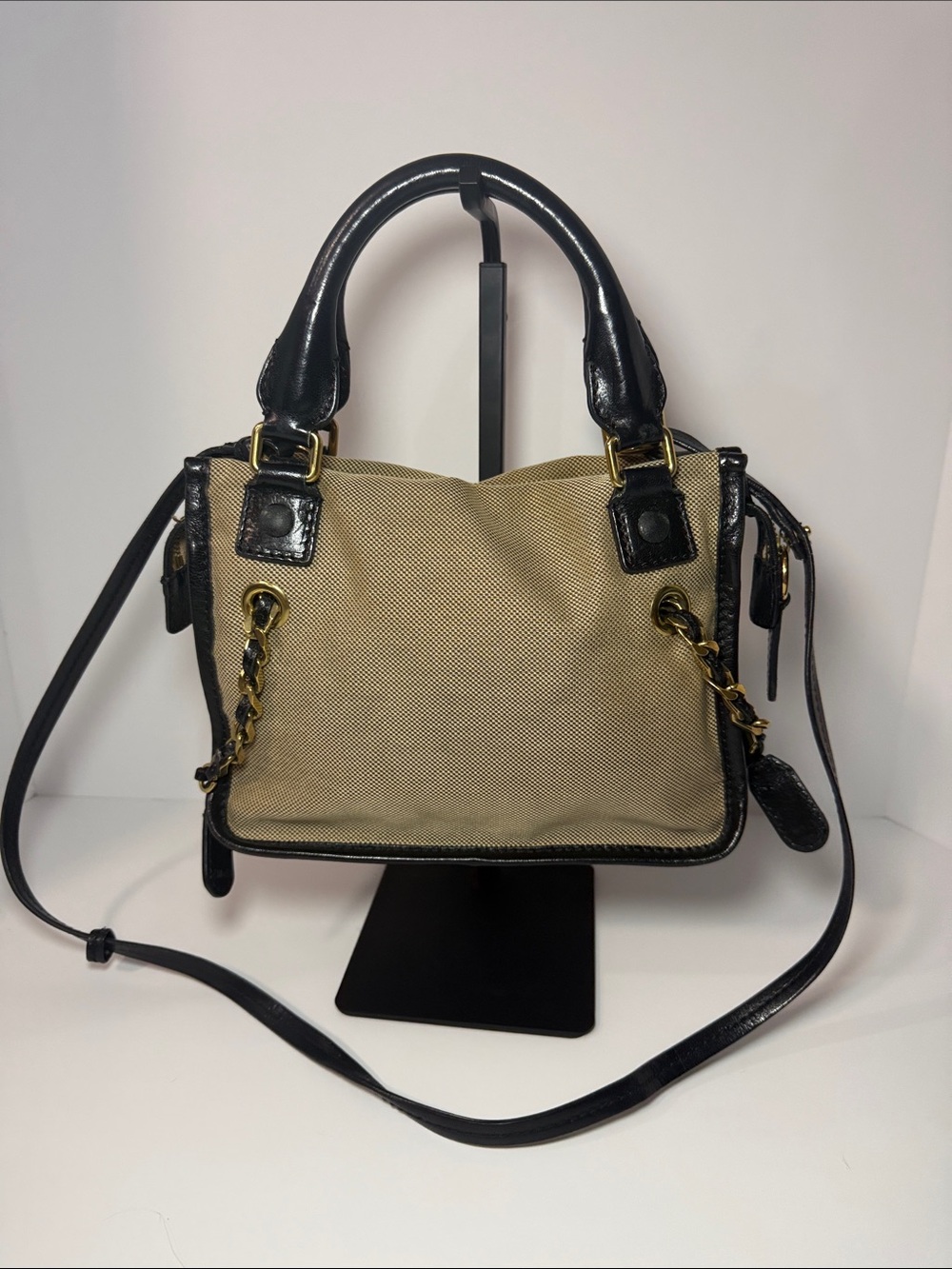 Chloé Canvas & Black Leather Satchel Crossbody Bag Gold Hardware - Picture 5 of 13